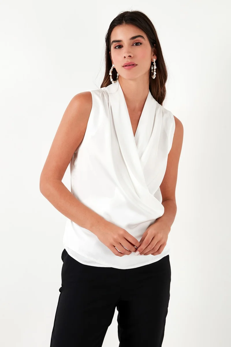 Lela Double Breasted Collar Sleeveless Satin Blouse Women's Blouse 611BZ0341
