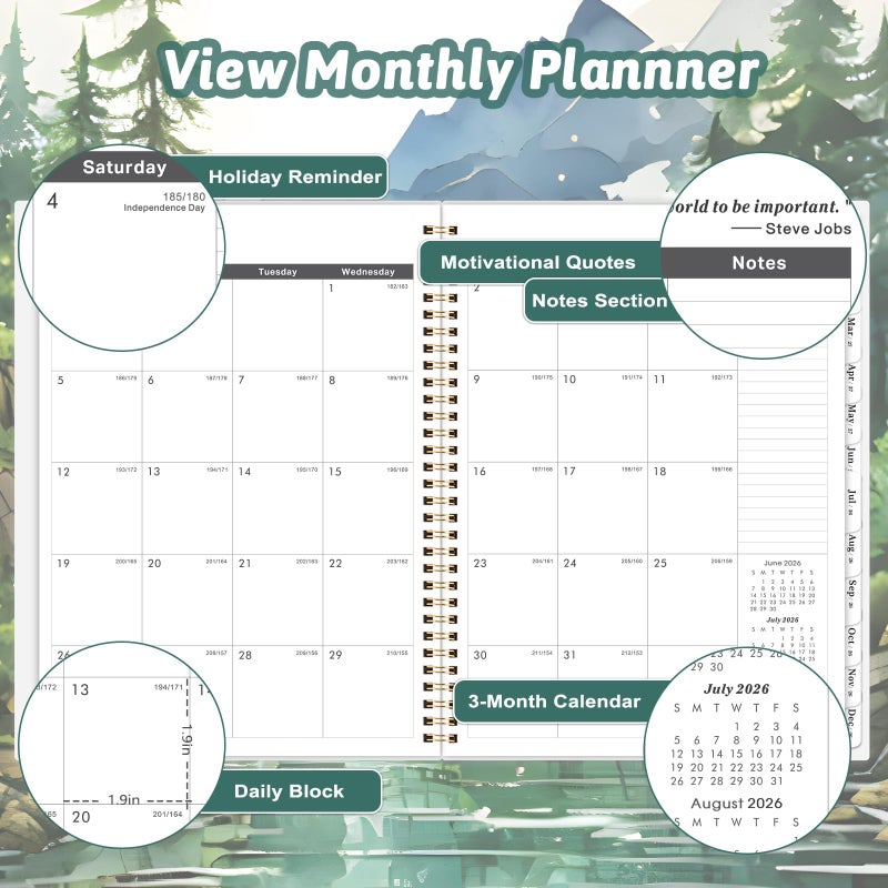 MaaIbok 2026-2028 Monthly Planner, 2 Year Monthly Planner 2026-2028, July 2026 - June 2028 Planner with 24 Monthly Tabs, Holidays, Motivational quotes, 9" x 11", Forest Landscape - Image 3