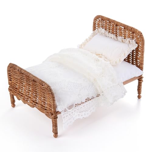 Minamzee 112 Dollhouse Furniture Bed 1 Set Miniature Fairy Pastoral Style Brown Rattan Bed with Removable Lace Bedding Modemn Bedroom Furniture Accessories Set - Image 5