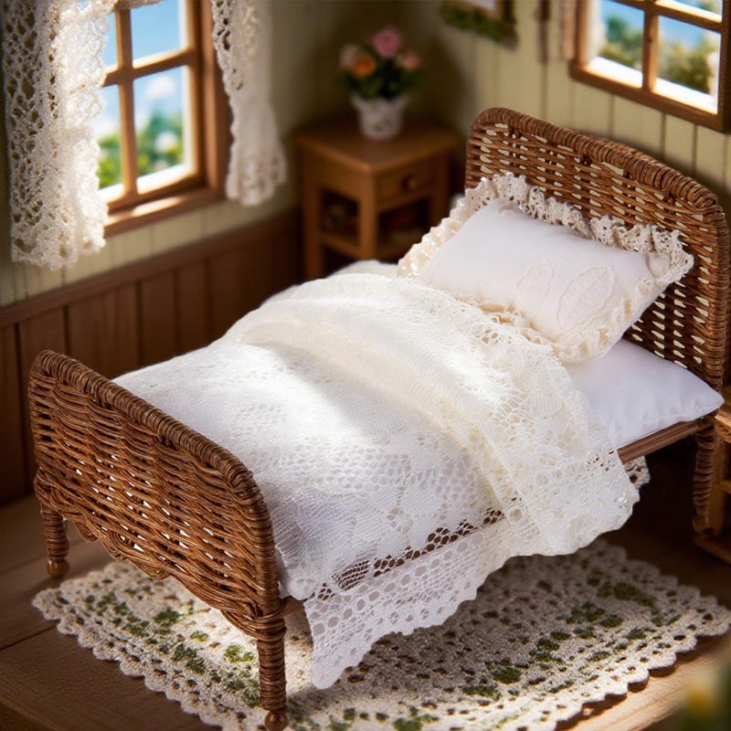 Minamzee 112 Dollhouse Furniture Bed 1 Set Miniature Fairy Pastoral Style Brown Rattan Bed with Removable Lace Bedding Modemn Bedroom Furniture Accessories Set - Image 3