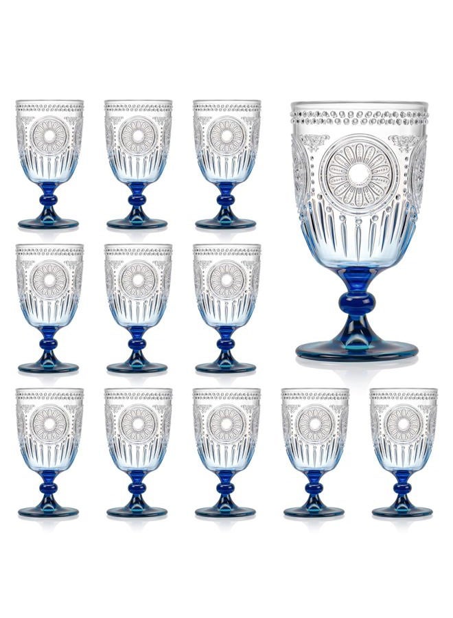 XUWAIDSGN 12Pcs Plastic Vintage Wine Glasses 13.5oz Embossed Goblet Glasses Blue Gradient Retro Wine Glassware Unbreakable Stemmed Champagne Water Cups for Wine Cocktail Juice Wedding - Image 1