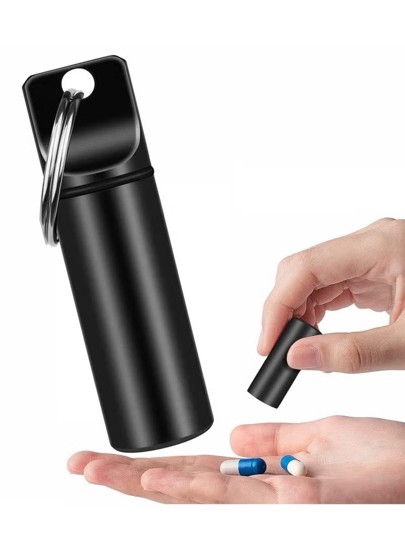 Small Pocket Pill Box Keychain, Mini Portable Pill Organizer for Aluminium Alloy, Medicine Bottle for Outdoor Camping, Waterproof Metal Pill Case, Pill Holder Container for Purse (Black) - Image 1