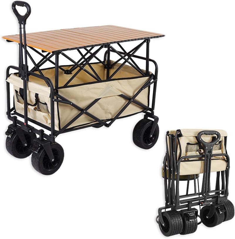 Antole Collapsible Foldable Wagon 330lbs Weight Capacity with Elevating table,Heavy Duty Folding Utility Garden Cart with Big All-Terrain Wheels,Folding Table,Drink Holders,Wagons Carts Foldable - Image 1