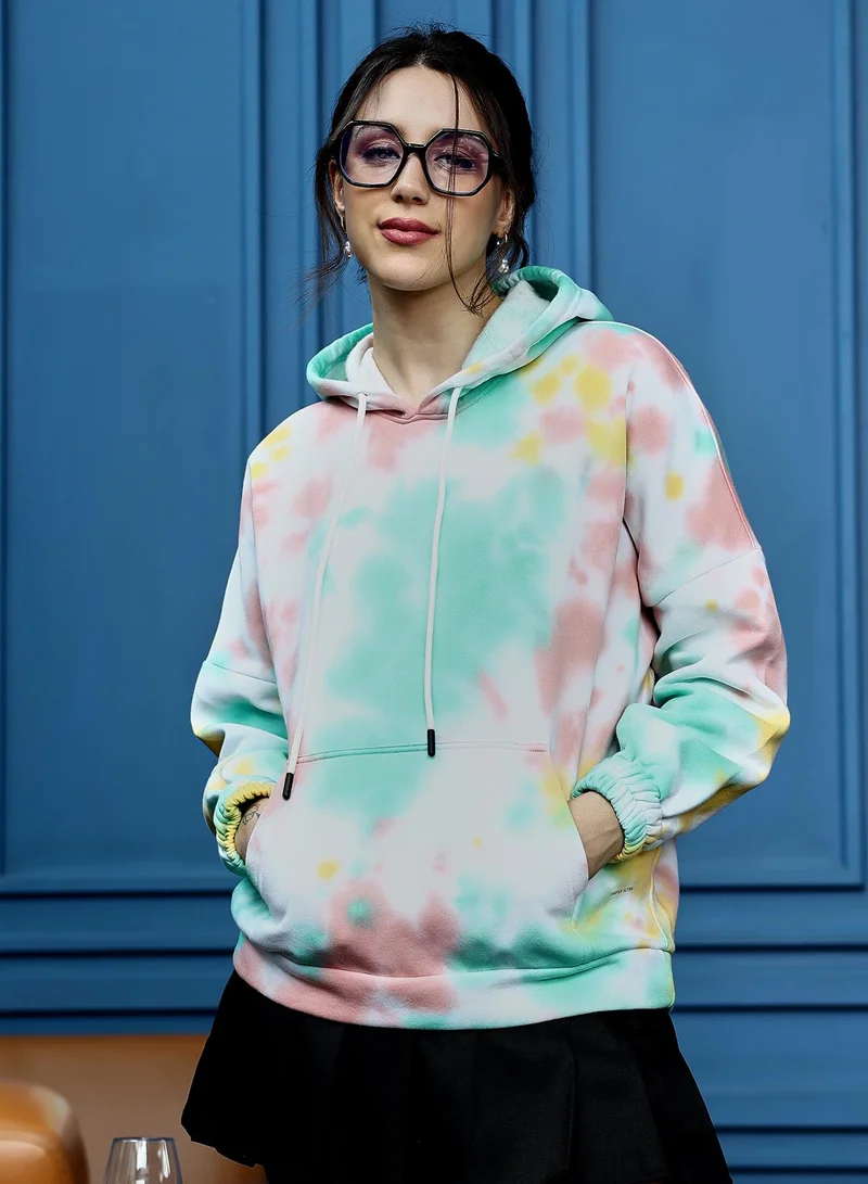 PINACOLADA Women's Mint Green & Brown Oversized Tie-Dye Hoodie