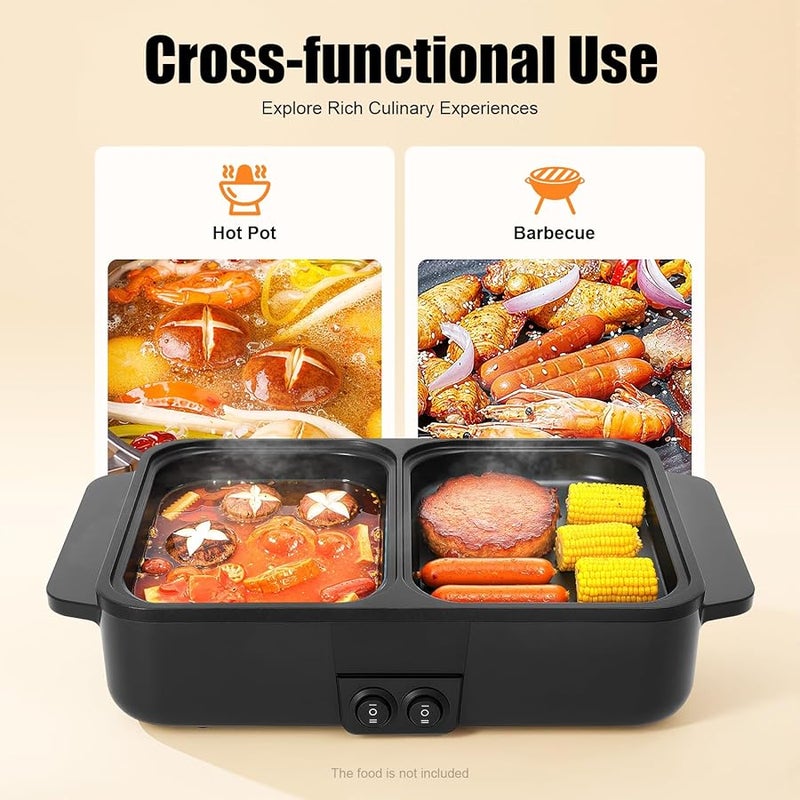 2 In 1 Electric Hot Pot And Grill 1200W Dual Temp Control Non Stick 110V Black - Image 4