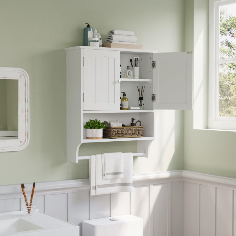 Smuxee White Bathroom Cabinet Wall Mounted with Towels Bar, Bathroom Medicine Cabinet with 2 Door Adjustable Shelves, Over Toilet Cabinet for Bathroom Laundry Room Kitchen - Image 1