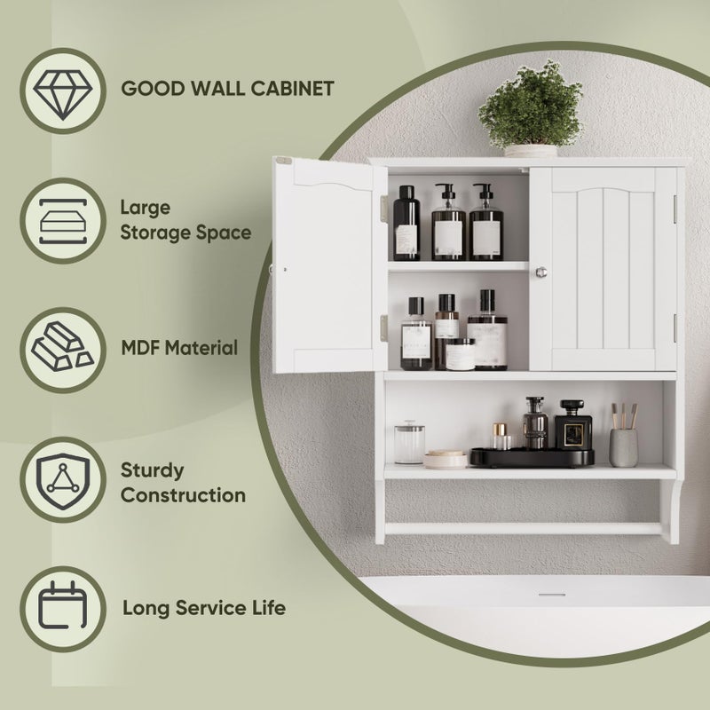 Smuxee White Bathroom Cabinet Wall Mounted with Towels Bar, Bathroom Medicine Cabinet with 2 Door Adjustable Shelves, Over Toilet Cabinet for Bathroom Laundry Room Kitchen - Image 5