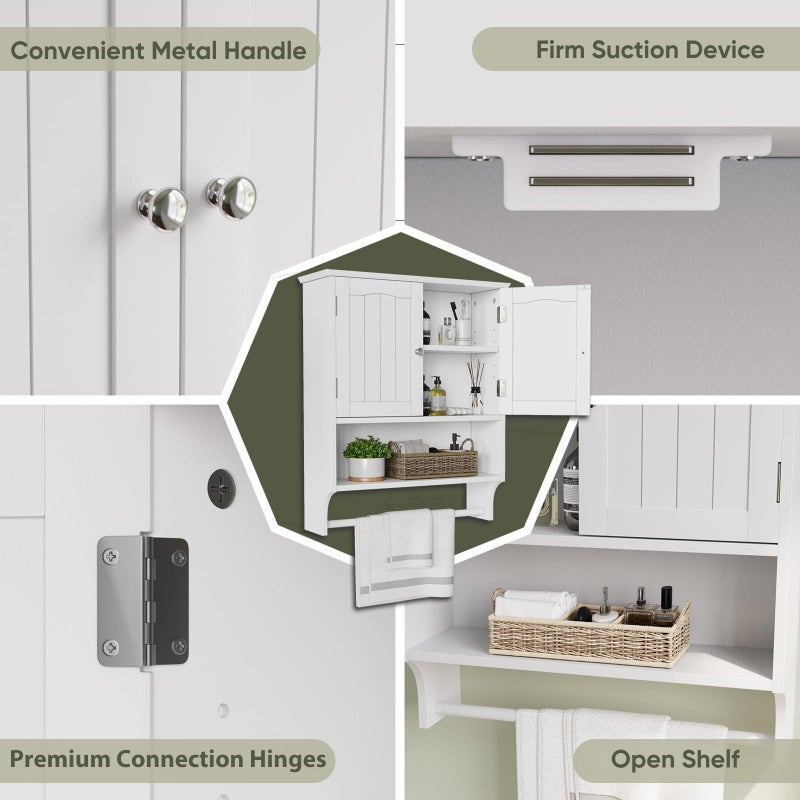 Smuxee White Bathroom Cabinet Wall Mounted with Towels Bar, Bathroom Medicine Cabinet with 2 Door Adjustable Shelves, Over Toilet Cabinet for Bathroom Laundry Room Kitchen - Image 4