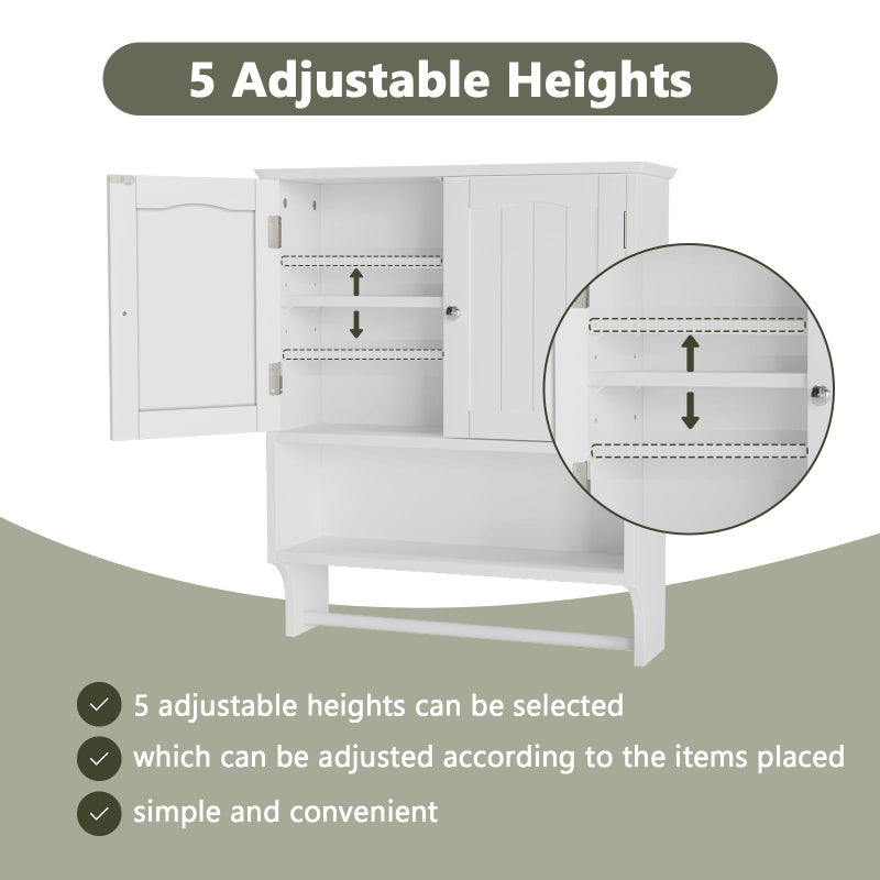 Smuxee White Bathroom Cabinet Wall Mounted with Towels Bar, Bathroom Medicine Cabinet with 2 Door Adjustable Shelves, Over Toilet Cabinet for Bathroom Laundry Room Kitchen - Image 3