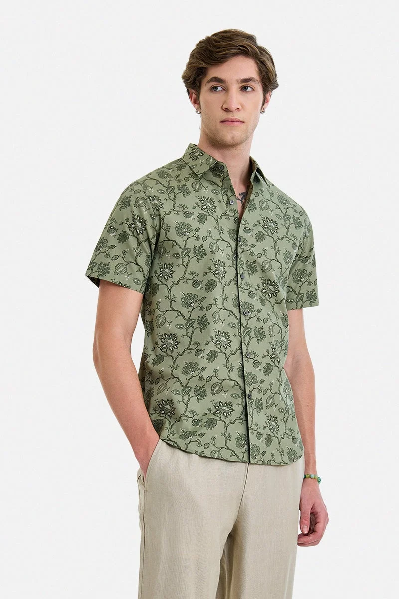 سنيتش Green Floral Half Sleeve Slim Fit Shirt