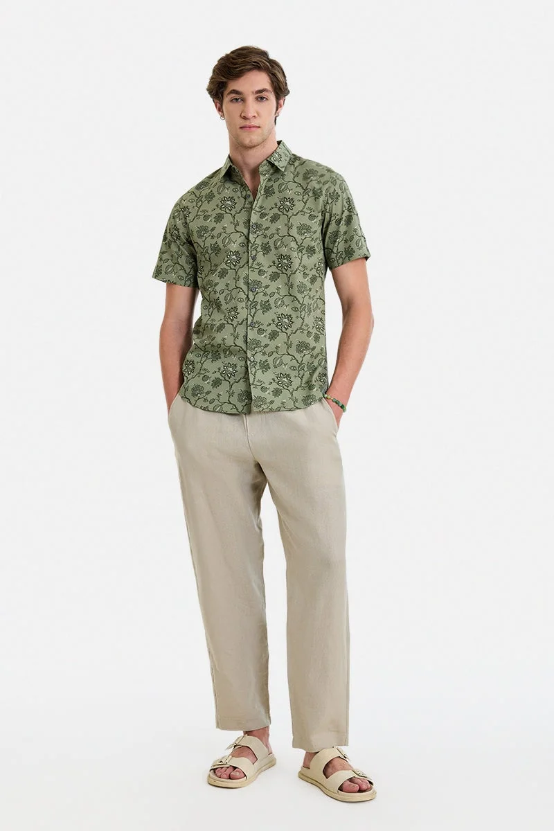 سنيتش Green Floral Half Sleeve Slim Fit Shirt