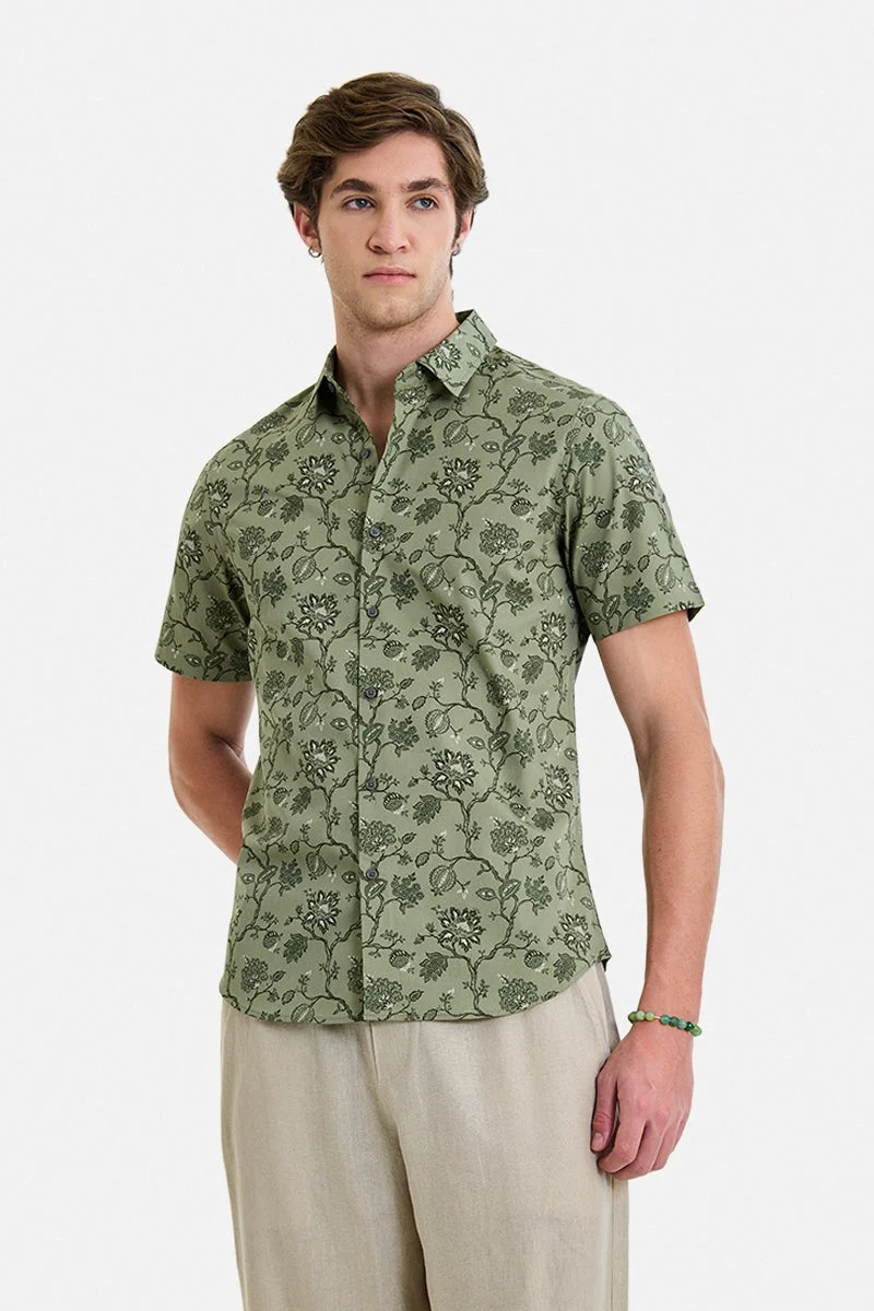 سنيتش Green Floral Half Sleeve Slim Fit Shirt
