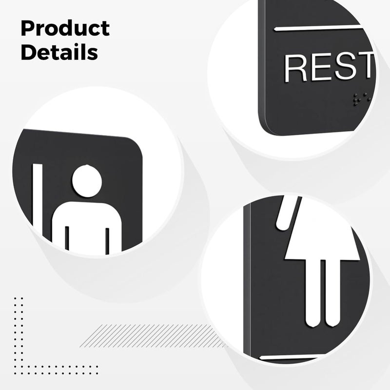 Black Ada Compliant Restroom Sign, 8.9 X 5.9 in, Acrylic Braille Sign with Raised Text, Unisex Washroom Sign for Visually Impaired - Image 2