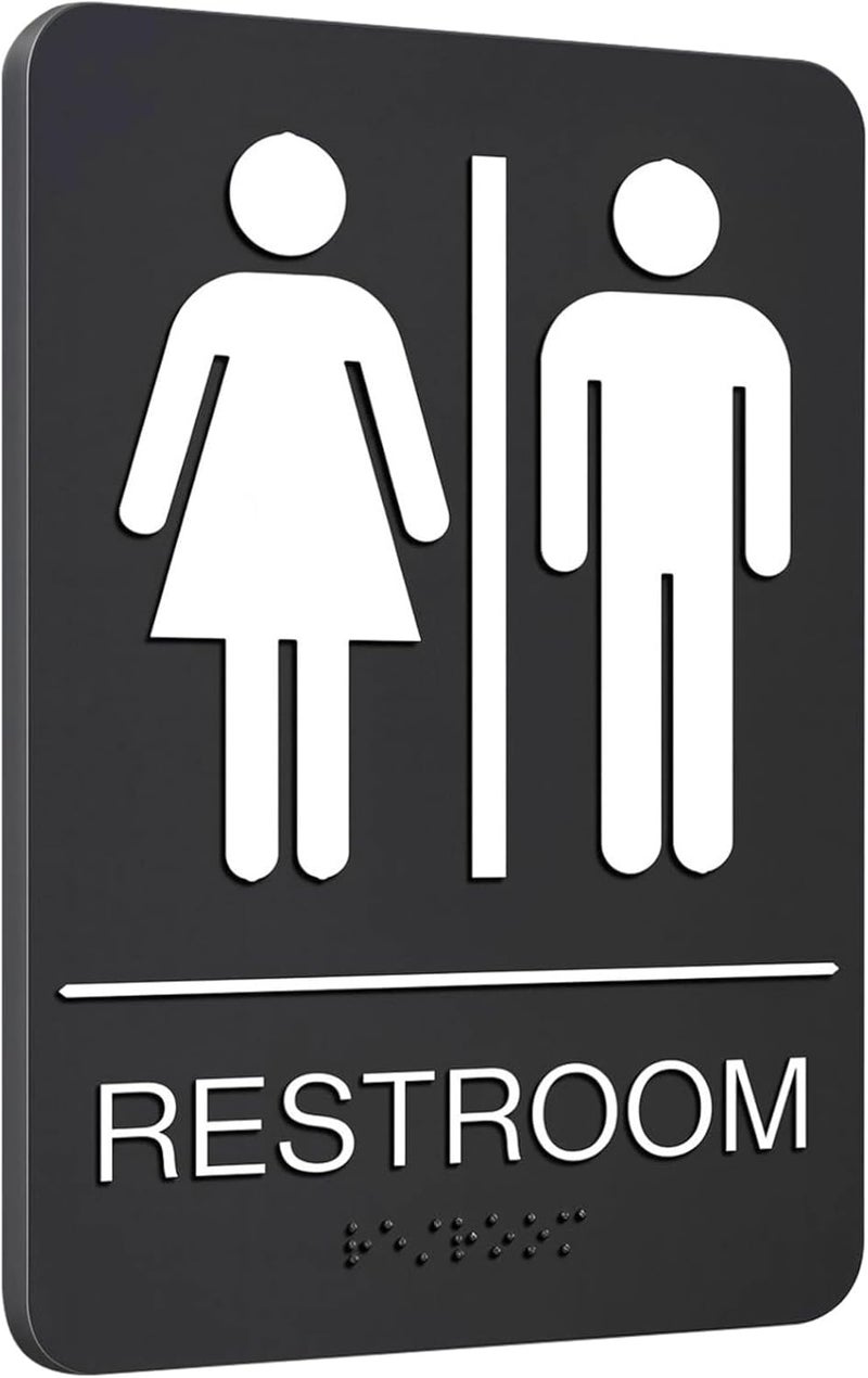 Black Ada Compliant Restroom Sign, 8.9 X 5.9 in, Acrylic Braille Sign with Raised Text, Unisex Washroom Sign for Visually Impaired - Image 1