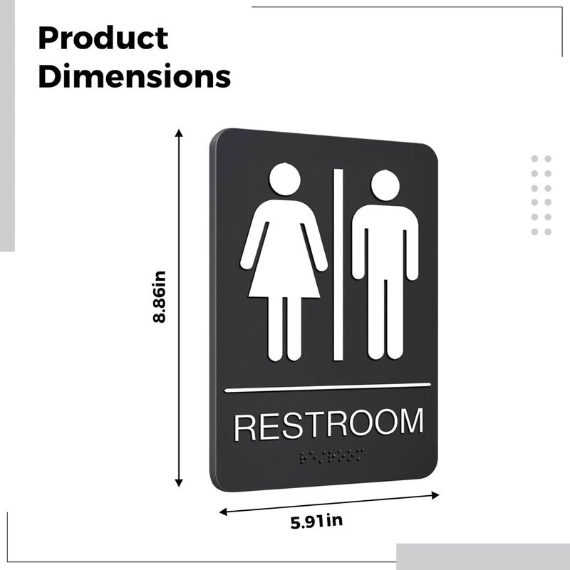 Black Ada Compliant Restroom Sign, 8.9 X 5.9 in, Acrylic Braille Sign with Raised Text, Unisex Washroom Sign for Visually Impaired - Image 4