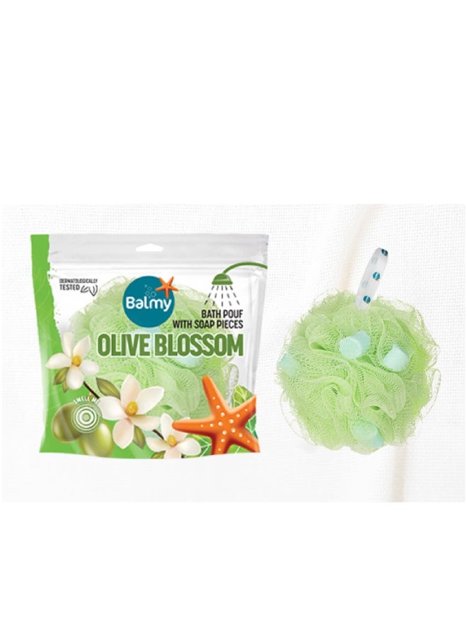 Balmy Olive Blossom Bath Sponge with soap pebbles 67gm  | Soft Cleansing Sponge with Refreshing Floral Fragrance - Image 1