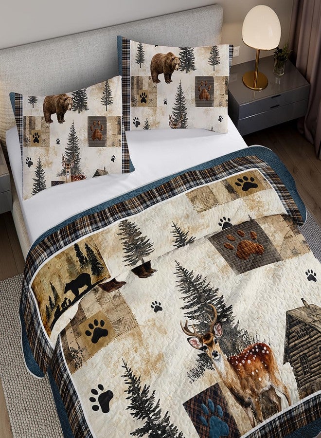 Tuzaovy Bear Deer Quilt Set King Size,Rustic Animal Bear Paw Printed Bed Cover Set for Boys Girls Room Decor,Rustic Farmhouse Quilt Bedding,Country Woodland Pine Tree Bedspread Bedroom Decor - Image 4