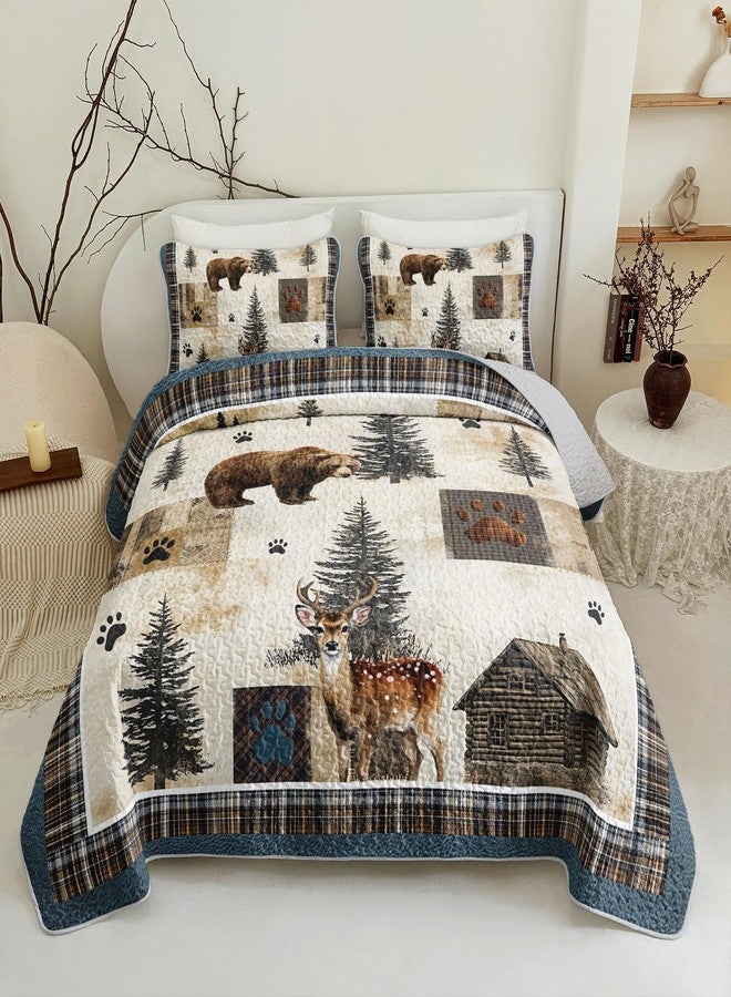 Tuzaovy Bear Deer Quilt Set King Size,Rustic Animal Bear Paw Printed Bed Cover Set for Boys Girls Room Decor,Rustic Farmhouse Quilt Bedding,Country Woodland Pine Tree Bedspread Bedroom Decor - Image 1