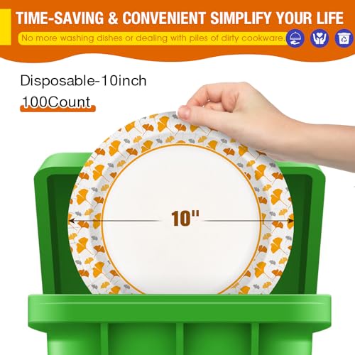 Ginkgo Paper Plates 10 Inch Bulk 100 Count, Heavy Duty Disposable Thanksgiving Plates and Fall Friends Party Paper Plates and Daily Use - Image 3