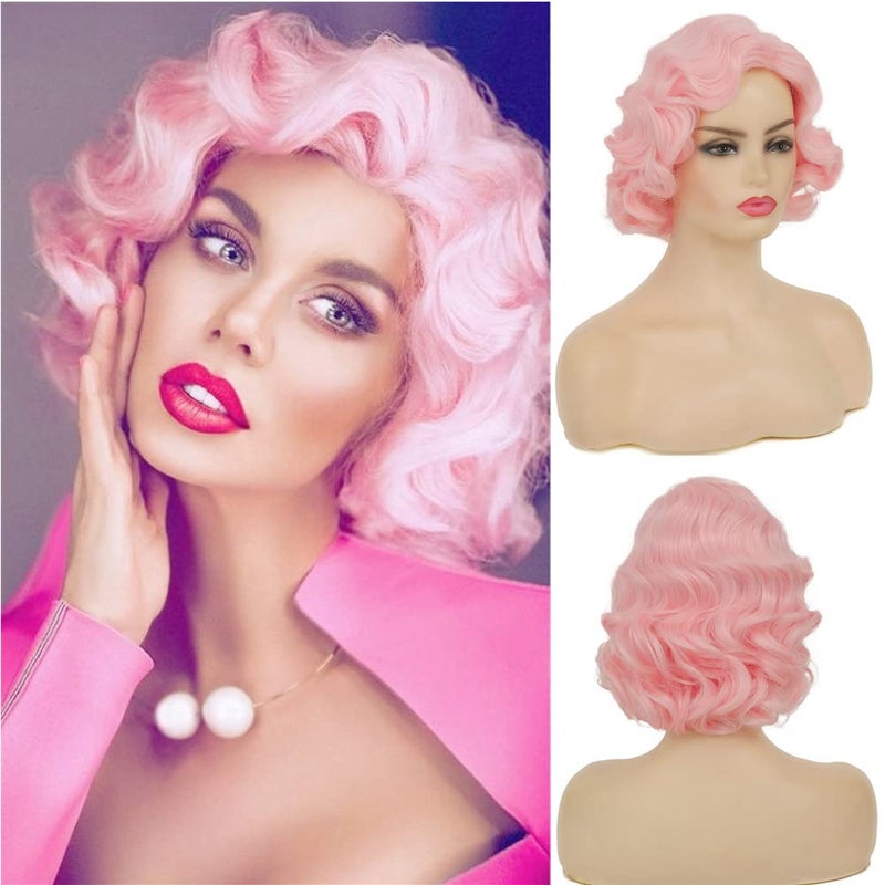 Swiking Short Pink Curly Finger Wave Wigs for Women Synthetic Wig Cosplay Halloween Flapper Vintage Hair Wig Pink
