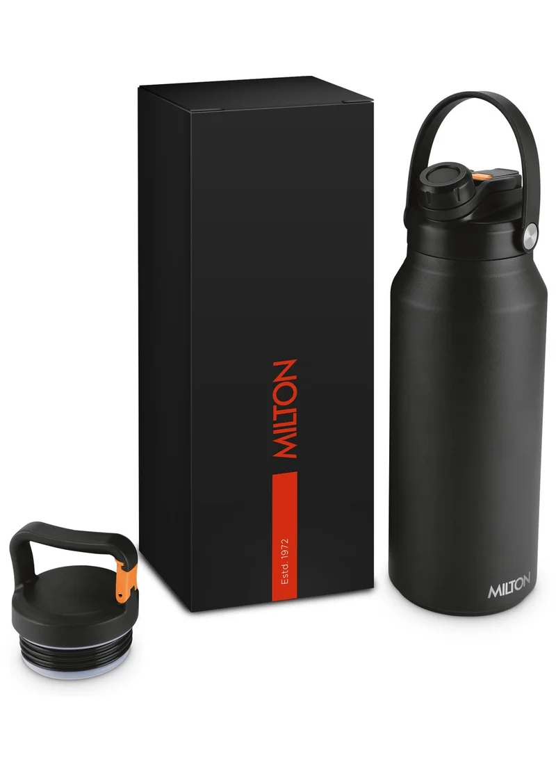 Milton MILTON 1180ml Vacuum Insulated Water Bottle with Straw Lid - 2 lids included, Keeps Drinks Hot and Cold, 18/8 Stainless Steel, Double-Walled Flask with Inner Copper Coating - Sports - Ultrasip - Black
