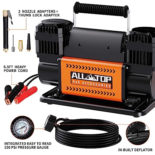 ALL-TOP Air Compressor Kit, Dual Cylinder 12V Portable Inflator 12.35 ft³/Min, Offroad Air Compressor Pump for Truck Tires, Heavy Duty Max 150 PSI for 4x4 Vehicle & RV - Image 2