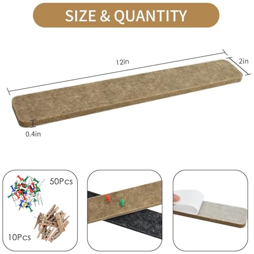 Vuzvuv 8 pcs Bulletin Board Bar Strips with 50 Pushpins & 10 Wooden Clip pins，Self Adhesive Cork Board for Wall，Felt Pin Board for School，Office Decor(Black Brown Gray) - Image 2