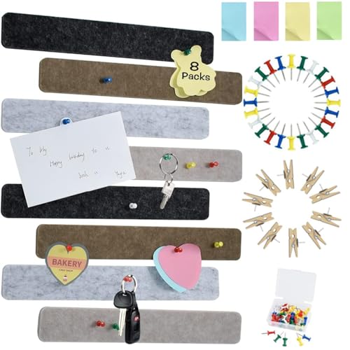 Vuzvuv 8 pcs Bulletin Board Bar Strips with 50 Pushpins & 10 Wooden Clip pins，Self Adhesive Cork Board for Wall，Felt Pin Board for School，Office Decor(Black Brown Gray) - Image 1