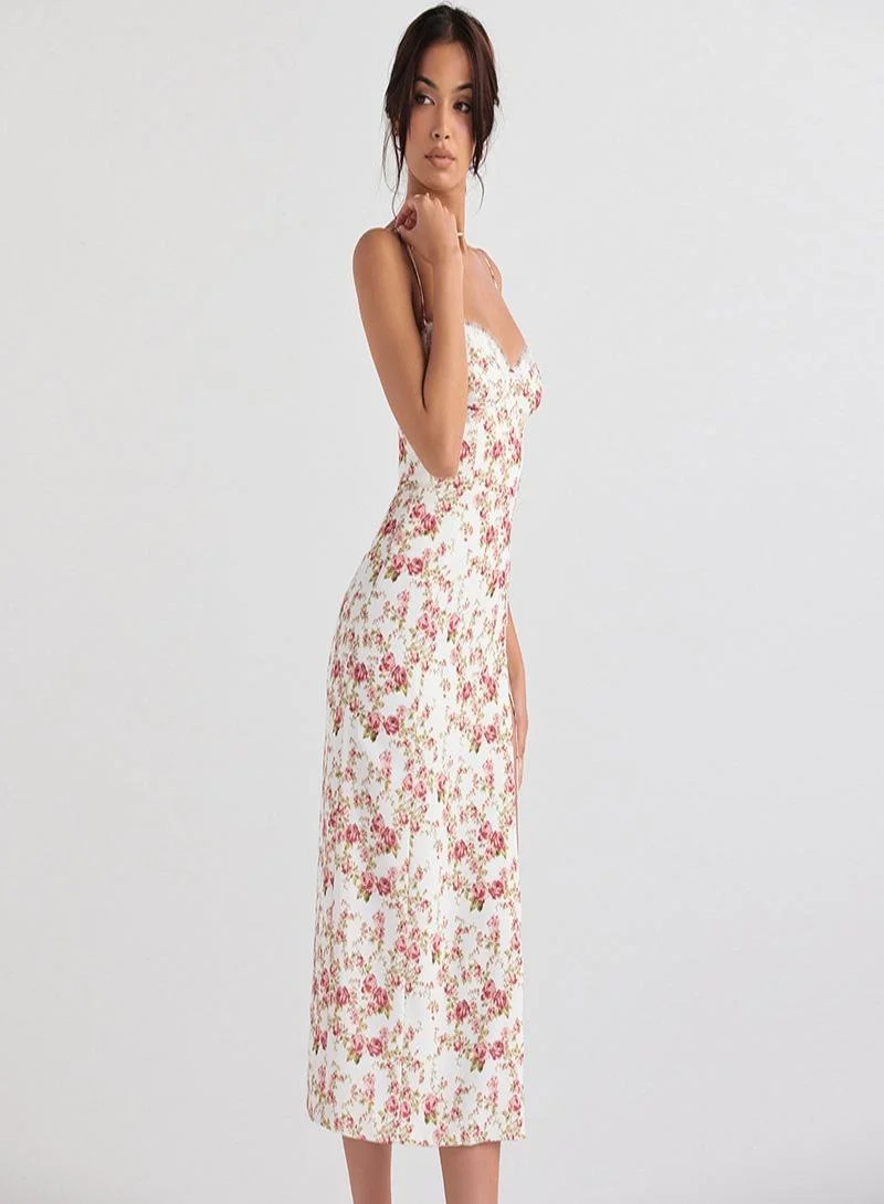 يونيكي White Floral Print Midi Dress