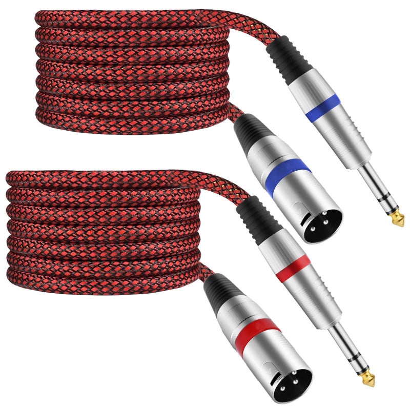 كابل Mugteeve XLR ذكر إلى 14 TRS متوازن 15 قدم ربع بوصة ستيريو إلى كابل ميكروفون محول مضفر نايلون محمي OFC لون أحمر لمزج المراقب مكبر الصوت واجهة الصوت 2 حزمة