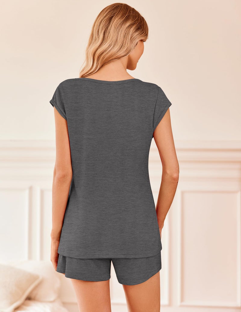 Ekouaer Pajama Sets for Women 2 Piece Lounge Sets Short Sleeve Sleepwear Comfy Pjs Shorts Set,Dark Grey,S - Image 2