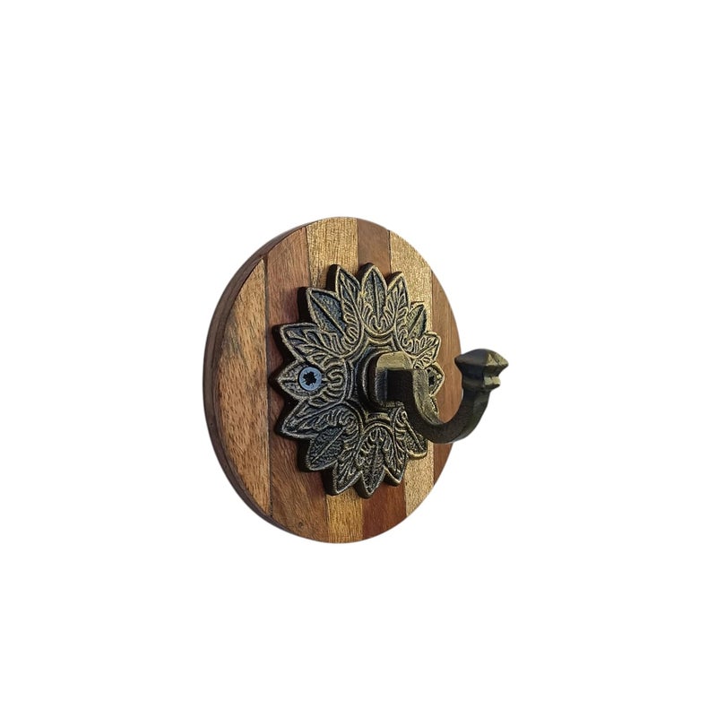Flower Wall Hook with Wooden Base for Hat and Coat Clothes Keys Other Hanging ArticlesBrass Antique Finish Pack of 2 - Image 1