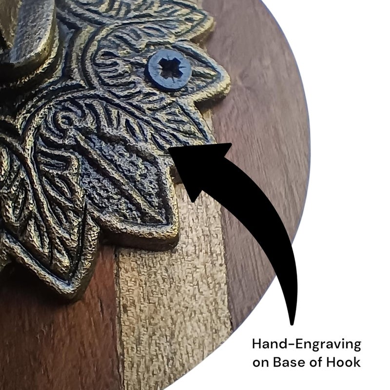 Flower Wall Hook with Wooden Base for Hat and Coat Clothes Keys Other Hanging ArticlesBrass Antique Finish Pack of 2 - Image 3