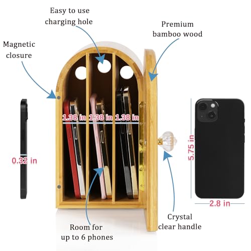 Lzttyee Phone Box for Family Time, Bamboo Cell Phone Jail, 3 Sections Hold 6 Phones, with Charging Holes, Phone Holder Self-Discipline Box, Help Kids Adults Focus Back, Mobile Phone Addiction (Wood) - Image 2