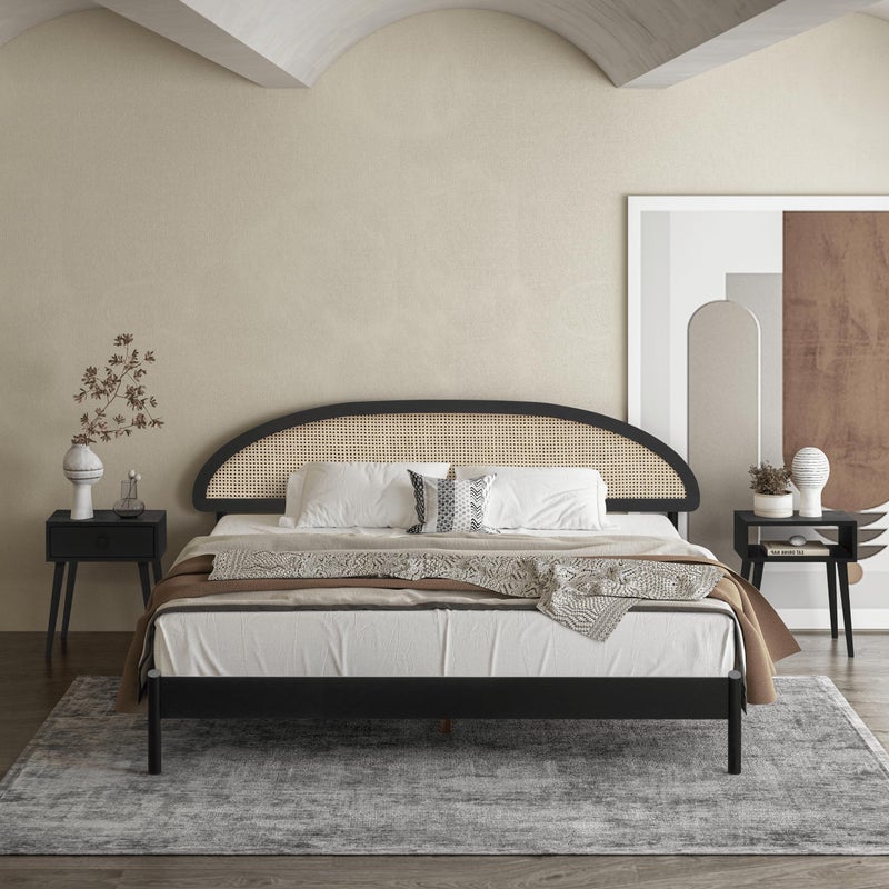 NTC إطار سرير خشبي NTC مع مسند رأس وقاعدة بلوط صلبة من الروطان الطبيعي مع شرائح صامتة سعة 1000 رطل تجميع سهل ملكي أسود محترق