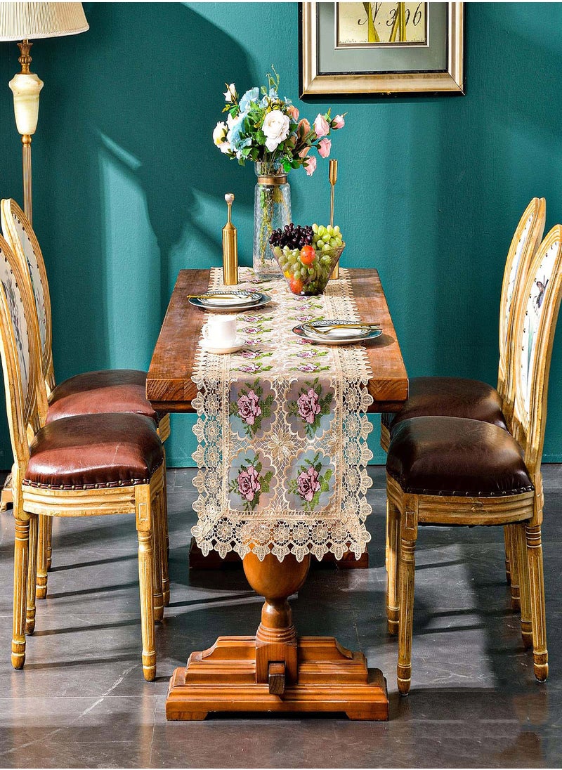 SYOSI - Spring Lace Table Runner Floral Embroidered Lace Runners for Tables Waterproof Cross Stitch Coffee Table Rose Pattern for Rustic Farmhouse Dining Coffee Wedding Table Decorations (16x 72") - Image 1