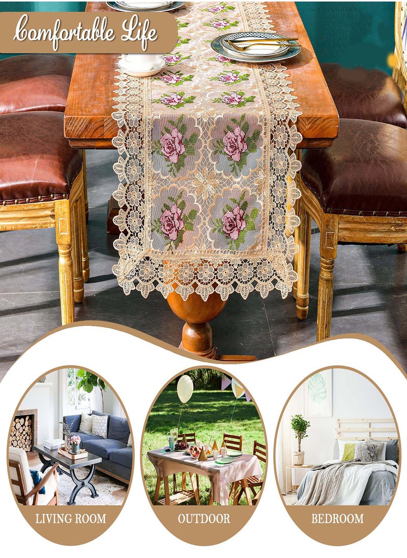 SYOSI - Spring Lace Table Runner Floral Embroidered Lace Runners for Tables Waterproof Cross Stitch Coffee Table Rose Pattern for Rustic Farmhouse Dining Coffee Wedding Table Decorations (16x 72") - Image 1
