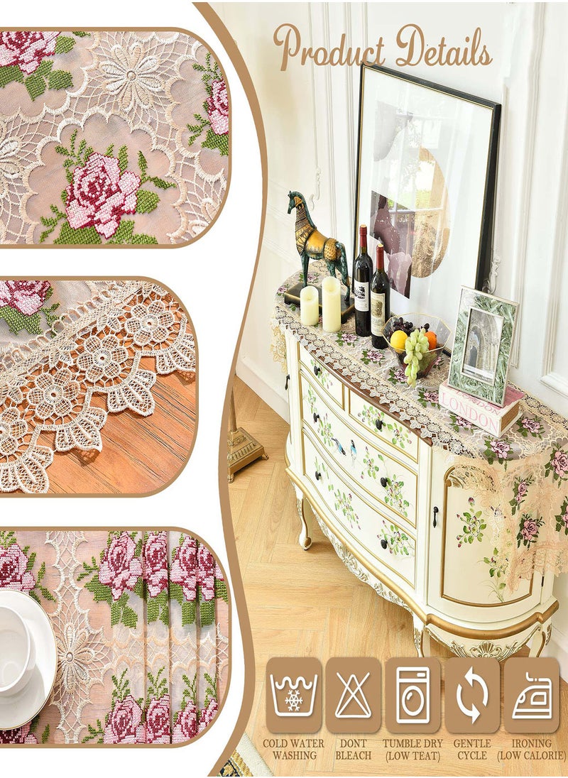 SYOSI - Spring Lace Table Runner Floral Embroidered Lace Runners for Tables Waterproof Cross Stitch Coffee Table Rose Pattern for Rustic Farmhouse Dining Coffee Wedding Table Decorations (16x 72") - Image 1