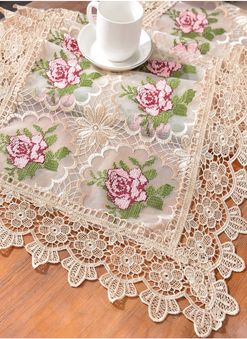SYOSI - Spring Lace Table Runner Floral Embroidered Lace Runners for Tables Waterproof Cross Stitch Coffee Table Rose Pattern for Rustic Farmhouse Dining Coffee Wedding Table Decorations (16x 72") - Image 1