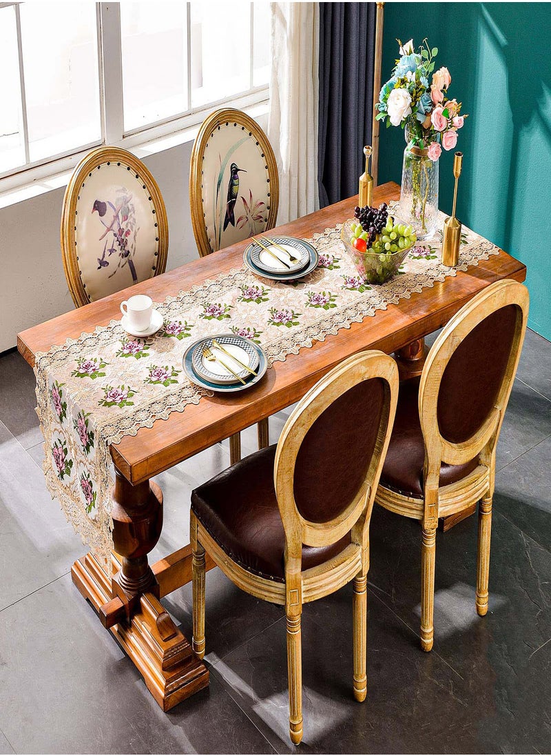 SYOSI - Spring Lace Table Runner Floral Embroidered Lace Runners for Tables Waterproof Cross Stitch Coffee Table Rose Pattern for Rustic Farmhouse Dining Coffee Wedding Table Decorations (16x 72") - Image 1