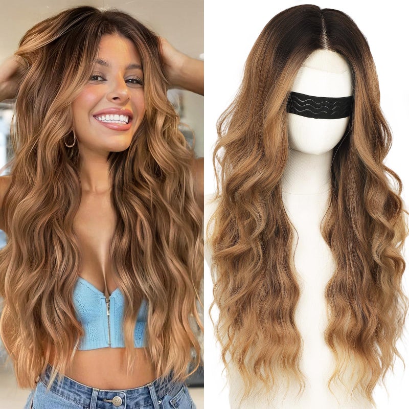 Nnzes Long Brown Mixed Blonde Wavy Wig 4x1 Lace Natural Hairline Middle Part Curly Heat-Resistant Synthetic Fiber for Women & Beginners Daily Party Use 26In - Image 1
