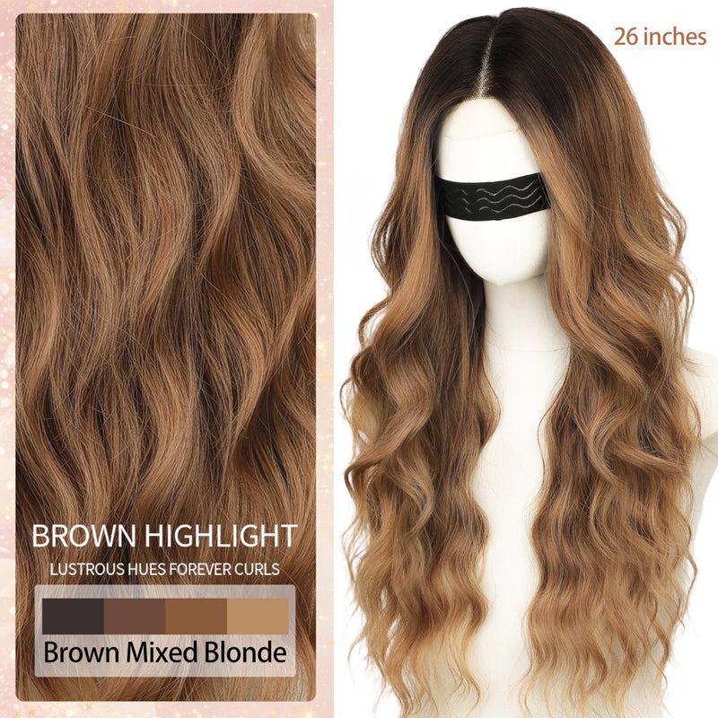 Nnzes Long Brown Mixed Blonde Wavy Wig 4x1 Lace Natural Hairline Middle Part Curly Heat-Resistant Synthetic Fiber for Women & Beginners Daily Party Use 26In - Image 3