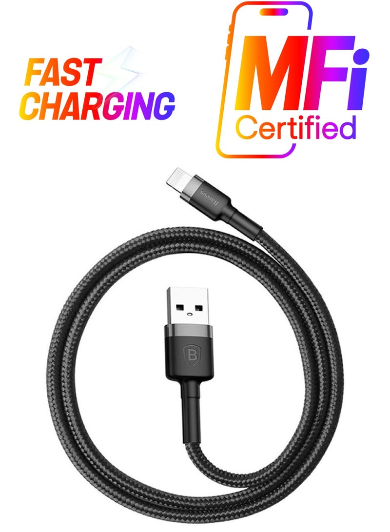 بيسوس كابل شحن USB إلى Lightning كافول من النايلون المضفر عالي الكثافة للشحن السريع متوافق مع هواتف آيفون 13 و12 و11 برو ماكس وميني وXS وX و8 و7 و6 و5 وSE وآي باد (بطول 2 متر) رمادي/أسود - Image 1