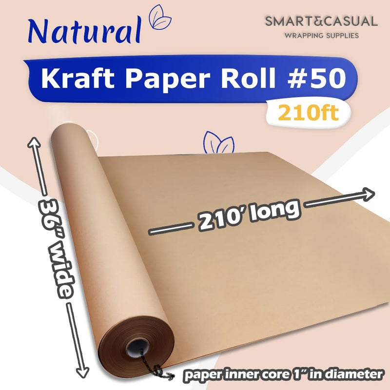 SMART&CASUAL 36" x 2,520" (210') Brown Kraft Craft Paper Roll for Gift Wrapping Bulletin Board Bouquet Flower Kids Art Packing Parcel Table Covering 70GSM 50LB (Brown, 36" x 210') - Image 2