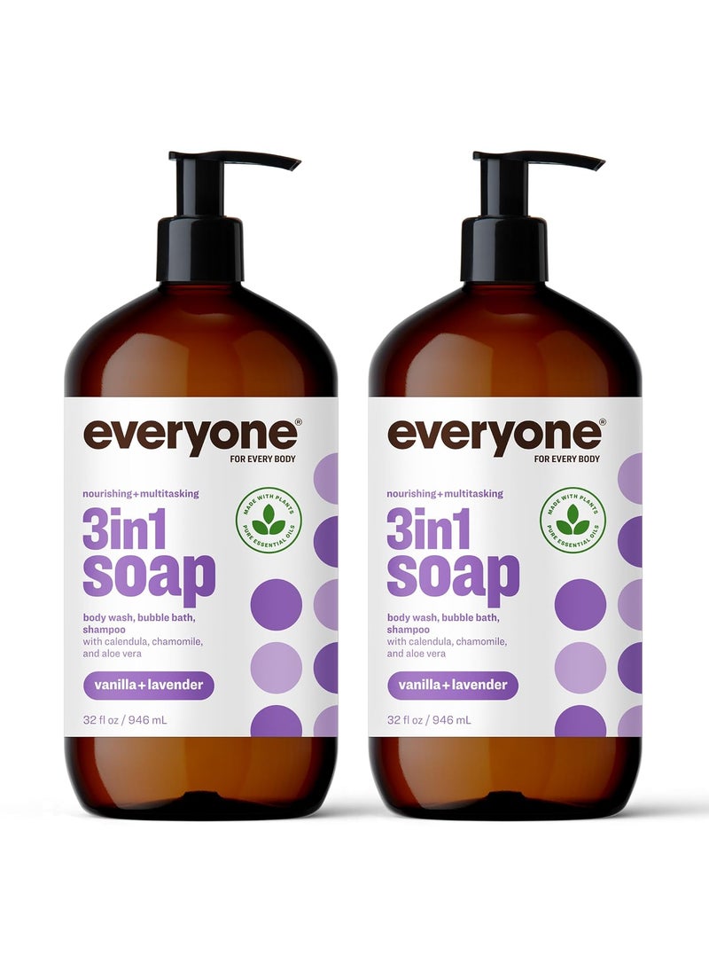 everyone for every body - Everyone 3in1 Soap Body Wash Bubble Bath Shampoo 32 Ounce Vanilla and Lavender Coconut Cleanser with Plant Extracts and Pure Essential Oils Pack of 2 - Image 1