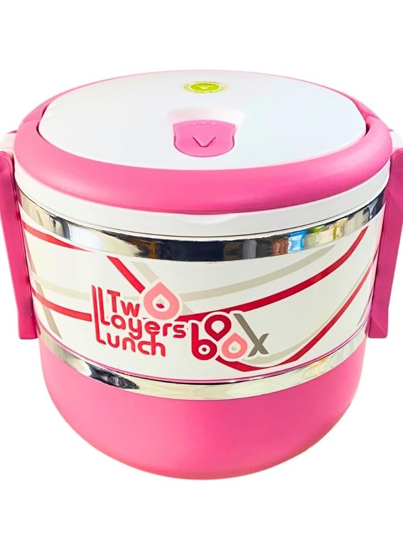 1.4L BPA-Free 2-Tier Heavy Duty Plastic Lunch Box, Airtight, Rubber Seal, Double-Sided Lock, Dual Handles for Easy Carrying (Pink) - Image 1
