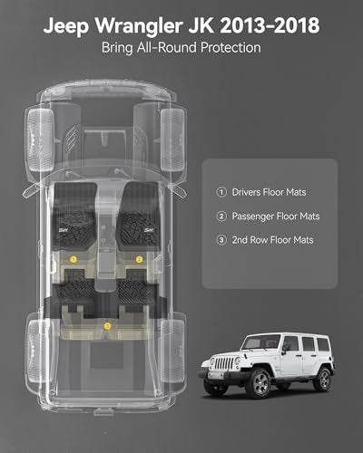 3W Floor Mats Fit for Jeep Wrangler JK 2014-2018 Unlimited 4 Door Only (Non JL or 4XE) TPE All Weather Custom Fit Floor Liner for Jeep Wrangler JK 1st and 2nd Row Full Set Car Mats, Black - Image 2