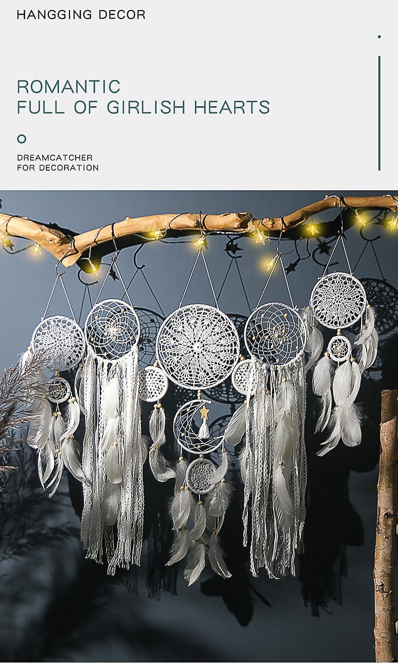 LODDIY Store Set of 5 Boho, Hanging Large Boho Dream Catcher Wall Hanging Moon Dream Catcher Set Dream Catchers Wall Decor for Vintage Wedding Home Decorations (WHITC) - Image 5