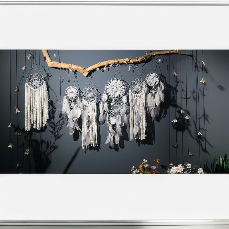 LODDIY Store Set of 5 Boho, Hanging Large Boho Dream Catcher Wall Hanging Moon Dream Catcher Set Dream Catchers Wall Decor for Vintage Wedding Home Decorations (WHITC) - Image 2