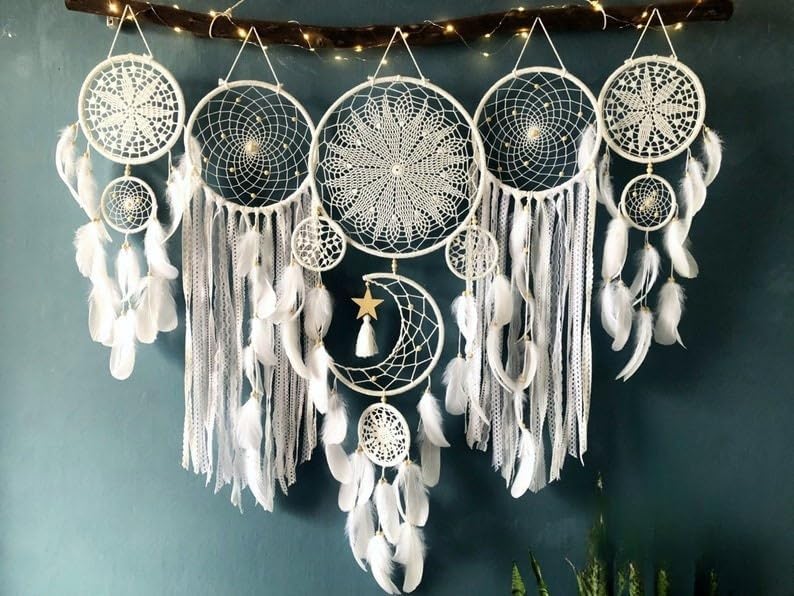 LODDIY Store Set of 5 Boho, Hanging Large Boho Dream Catcher Wall Hanging Moon Dream Catcher Set Dream Catchers Wall Decor for Vintage Wedding Home Decorations (WHITC) - Image 1